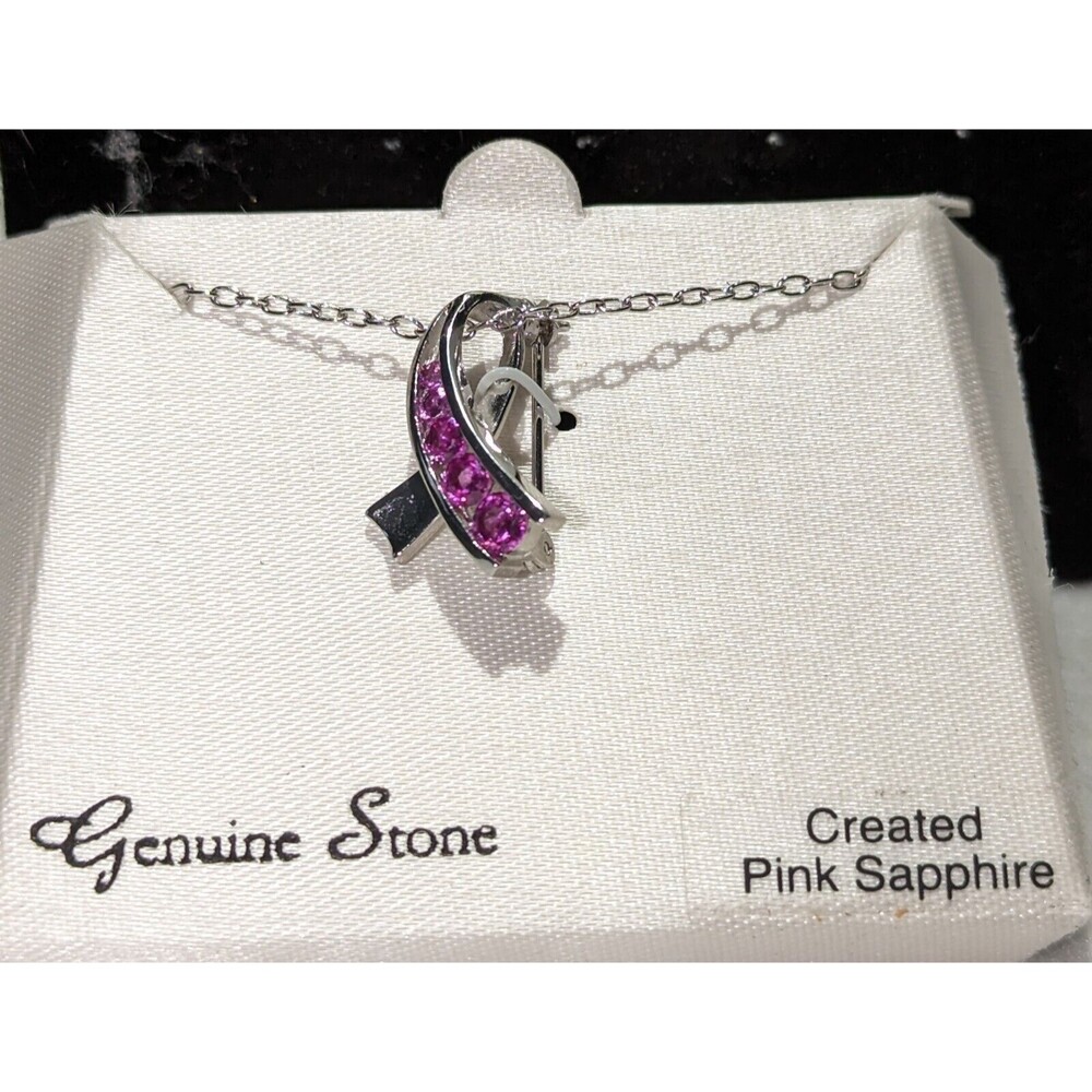 Pink Saphire Breast Cancer Charm Pin Necklace - Picture 4 of 6